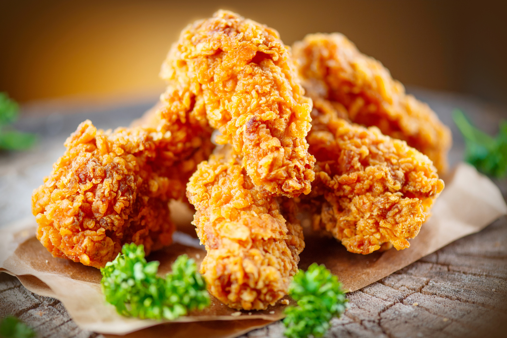 Crispy Fried Chicken on Wooden Board 